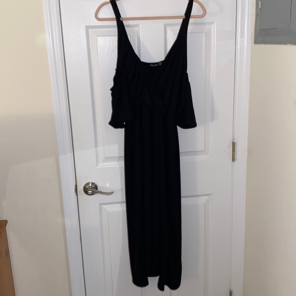 Black Boohoo Faux Wrap Cold Shoulder Dress